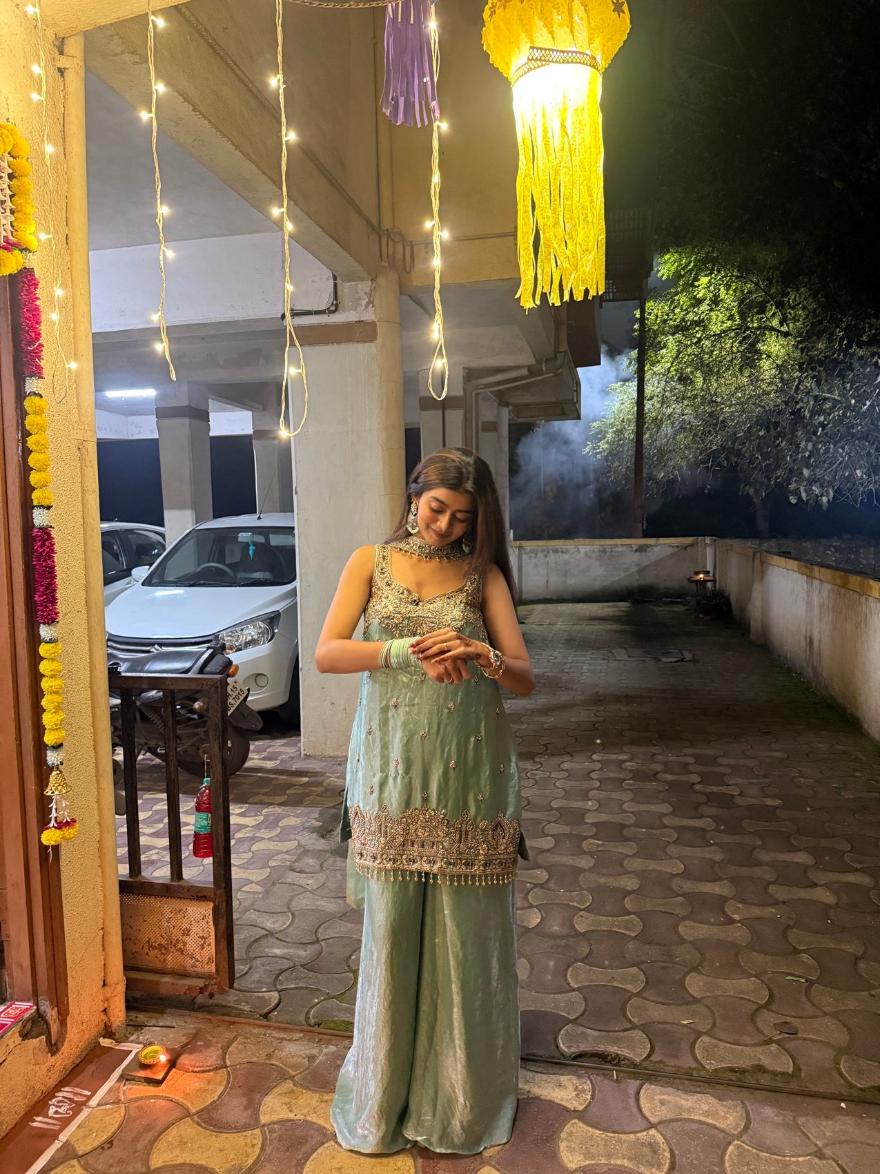 Festive evening shoot in a mint sharara